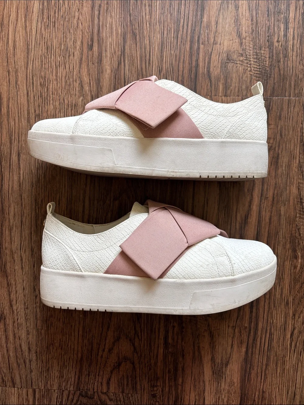Call It Spring Platform Sneakers White Snakeskin Blush Pink Elastic Cross Strap